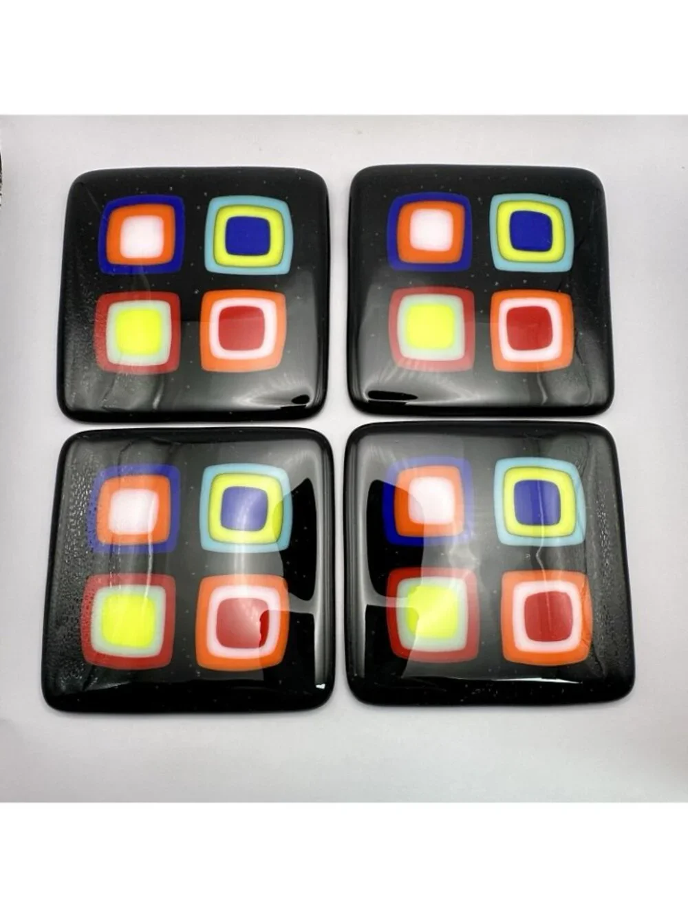 Modernist Geometric Design Coasters Set of 4 Signed Terry Hart Fused Art Glass